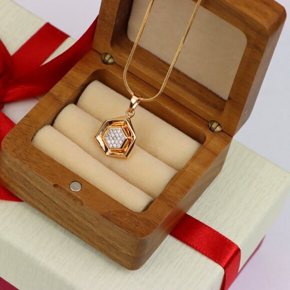 "Geometric Rose Gold Pendant with Crystal Hexagon, XPPT1575 - Picture 8 of 13